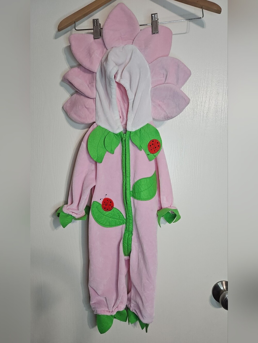 miniwear Pink Flower Onesie Costume with Green Leaves and Ladybug Accents